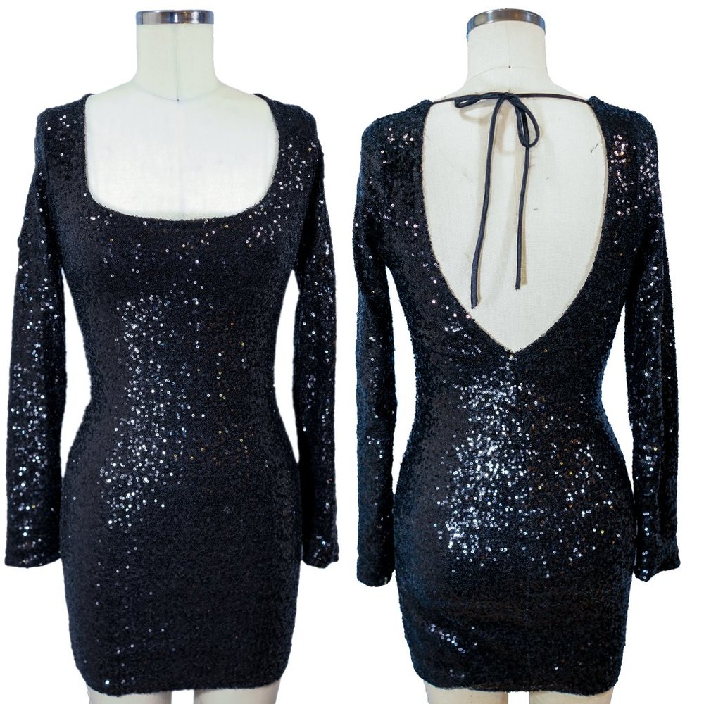 Black Sequin Long Sleeve Mini Dress - Home sewn - Size Small - Pre-owned